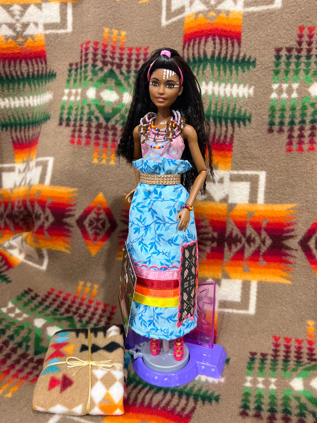 11.5” Doll in Daily wear ribbon skirt with bead and brass multilayer necklace